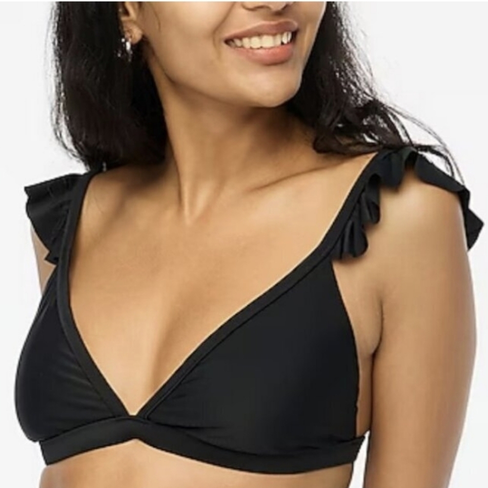 nwt J.CREW Black ruffle Shoulder Bikini Top XS Padded Triangle Swimwear New